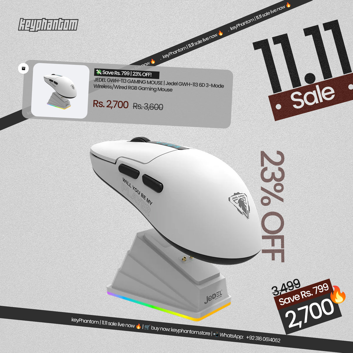 JEDEL GWH-113 GAMING MOUSE | Jedel GWH-113 6D 3-Mode Wireless/Wired RGB Gaming Mouse with Dedicated Charging Dock (White Edition)