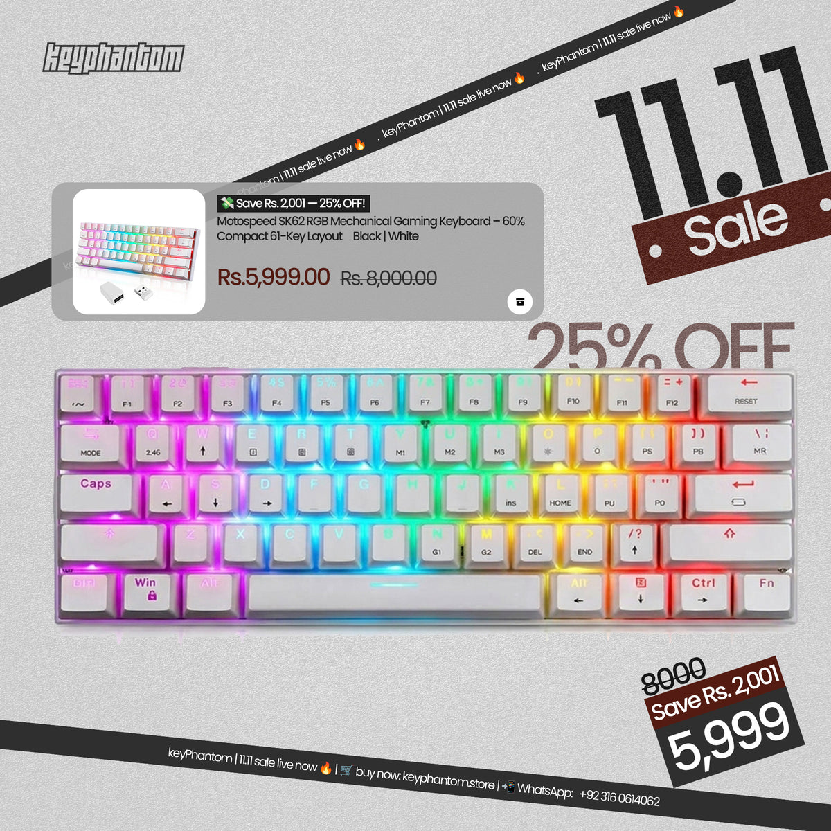 Motospeed SK62 RGB Mechanical Gaming Keyboard – 60% Compact 61-Key Layout | Black