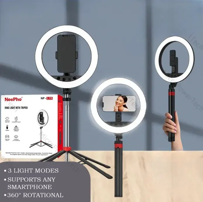 NEEPHO NP L15 PROFESSIONAL RING LIGHT KIT | Neepho NP-L15 Multi-Function LED Ring Light with Extendable Tripod Stand, Detachable Selfie Stick, Smartphone Holder & Wireless Remote Control for Content Creation, Live Streaming & Makeup