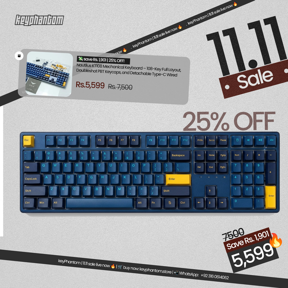 Nautilus KT108 Mechanical Keyboard  – 108-Key Full Layout, Doubleshot PBT Keycaps, and Detachable Type-C Wired