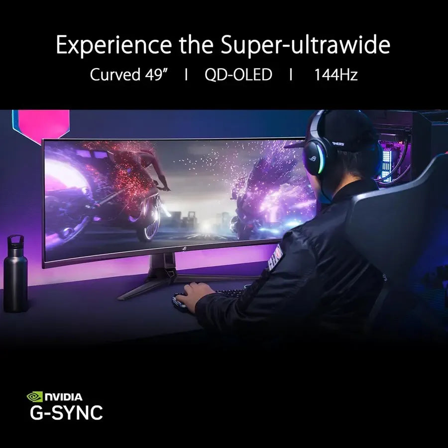 ASUS ROG Swift OLED PG49WCD 49" DQHD (5120 x 1440) 1800R Curved Quantum Dot QD-OLED Super Ultrawide Gaming Monitor with 144Hz Refresh Rate, 0.03ms GTG Response Time, 90W USB-C Power Delivery, Built-in Smart KVM, Custom Heatsink & Graphene Film