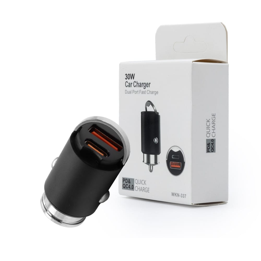 30W CAR CHARGER WKN-337 | Fast Charging Dual Port Vehicle Adapter with Power Delivery & Smart Circuit Protection