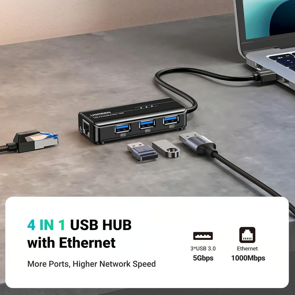 UGREEN USB 3.0 HUB WITH GIGABYTE ETHERNET ADAPTER 3-Port USB 3.0 Expansion Hub with 1000Mbps RJ45 Gigabit Network Card for Laptop, Desktop PC, Mac & Nintendo Switch