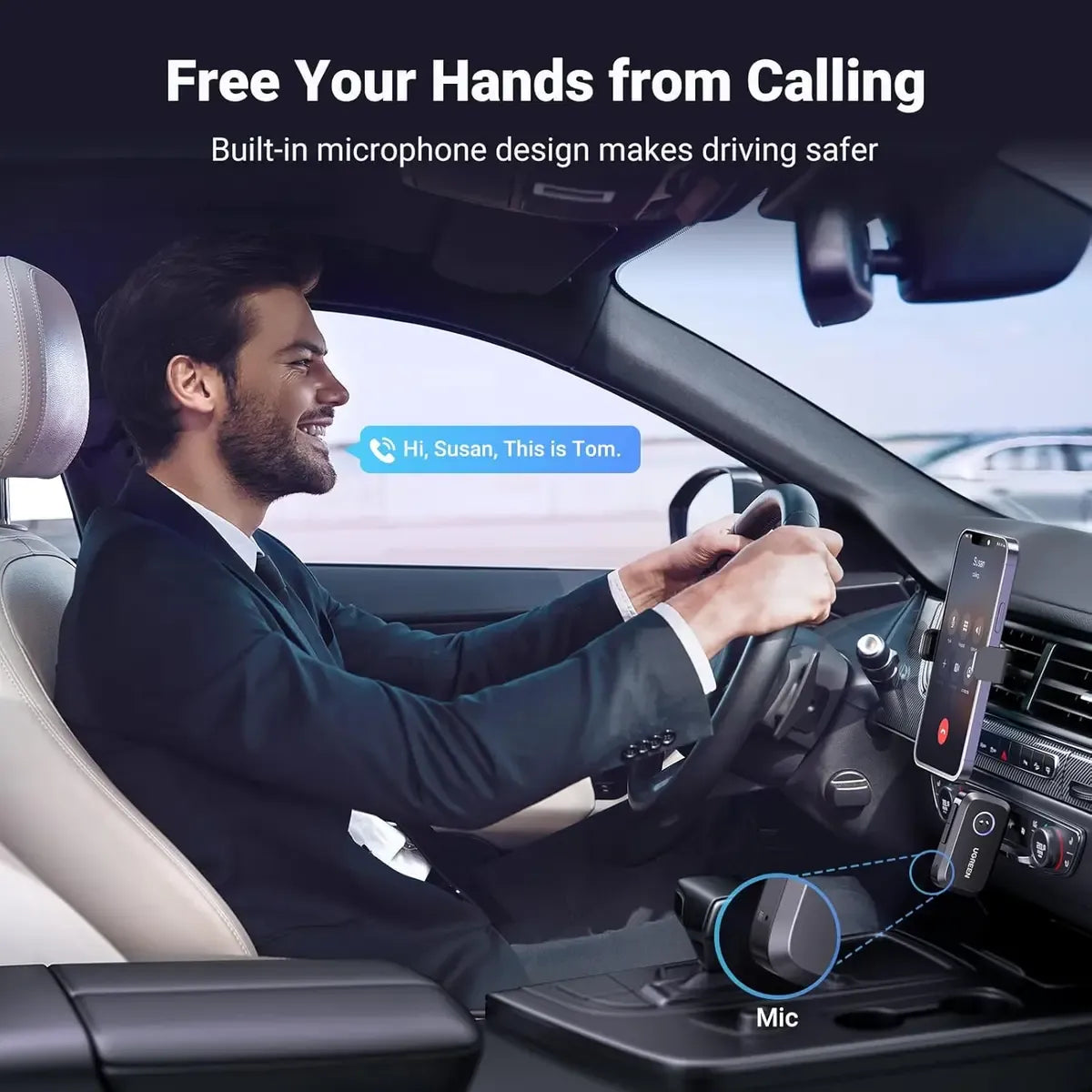 UGREEN 3.5mm Aux Bluetooth 5.3 Audio Transfer Adapter for Vehicle Wireless Receiver with Built-in Microphone & Hands-Free Calling