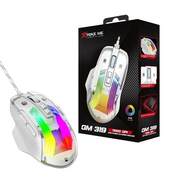 XTRIKE ME GM-319 WIRED GAMING MOUSE 7200 DPI WHITE | Xtrike Me GM-319 Ergonomic White Optical Gaming Mouse with 7 Control Buttons, 7200 DPI & Dynamic RGB Illumination for PC Desktop & Laptop