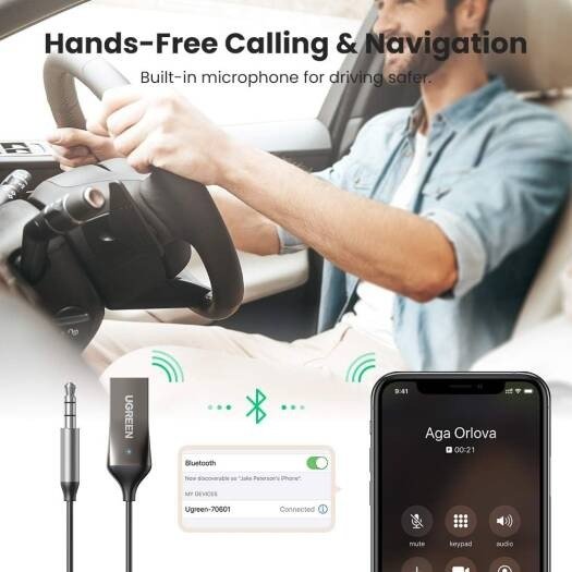 70601 UGREEN USB 2.0 to 3.5mm Bluetooth Adapter Wireless Car Receiver with Built-in Microphone & Coiled Cable