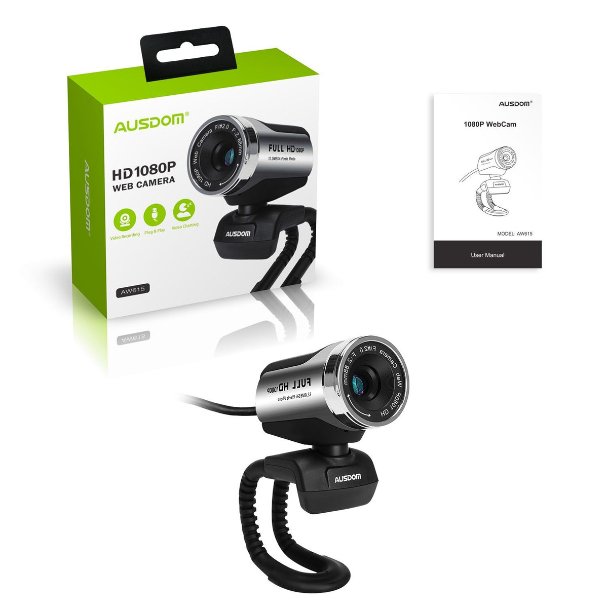 AUSDOM AW615 WEBCAM 1920X1080P FULL HD 2.1MP USB 3.0 WEB CAM WITH MICROPHONE | Desktop Computer Camera with Noise Reduction Mic & Adjustable Clip