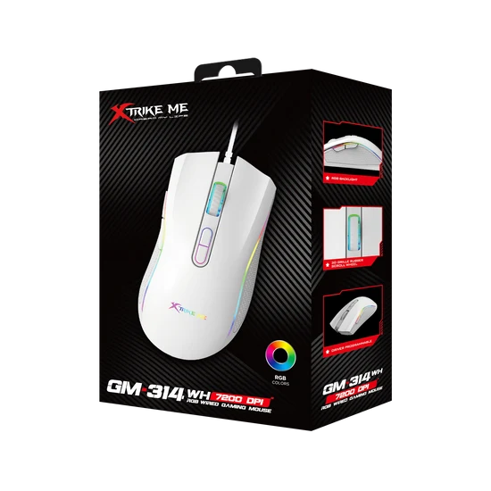 XTRIKE ME GM-314 WIRED GAMING MOUSE WHITE | Xtrike Me GM-314 Ergonomic White Optical Gaming Mouse with 6 Control Buttons, 7200 DPI & Dynamic RGB Illumination for PC & Laptop