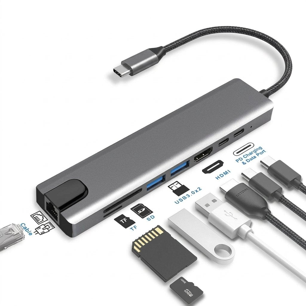 USB-C Hub 8-in-1 Multiport Adapter – 4K HDMI Output, Gigabit Ethernet, USB-C PD Charging, SD/TF Card Reader & High-Speed