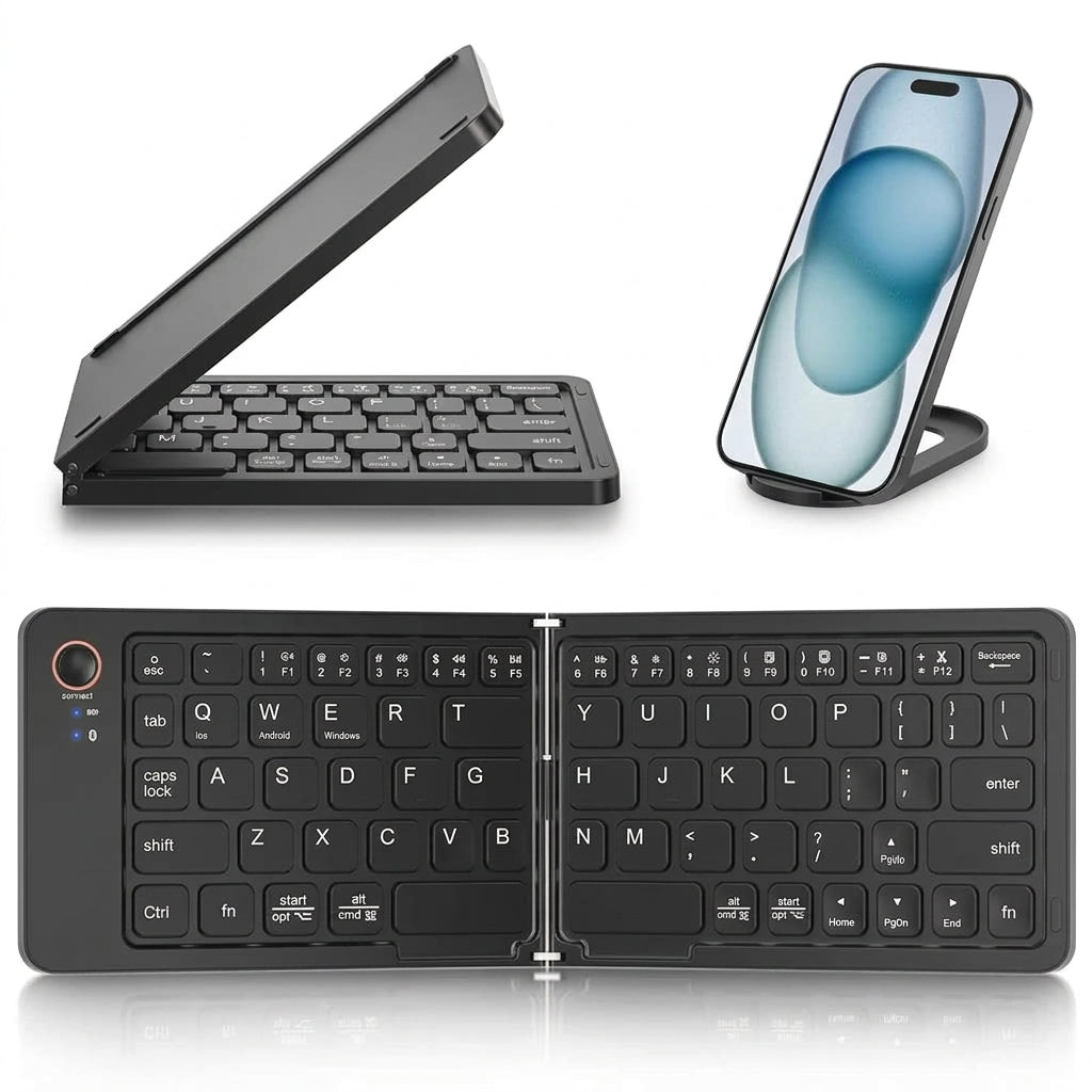 B023 FOLDING WIRELESS BLUETOOTH KEYBOARD WITH TOUCHPAD & PHONE HOLDER – FOLDING WIRELESS BLUETOOTH KEYBOARD | Portable Tri-Fold Pocket Keyboard with Trackpad