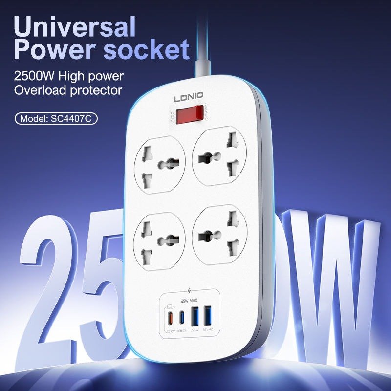 LDNIO SC4407C 45W 4PORT POWER STRIP EU PLUG | LDNIO SC4407C 45W Fast Charging Extension Power Socket with 4 EU AC Outlets, USB-C Power Delivery (PD) & Auto-ID USB Ports