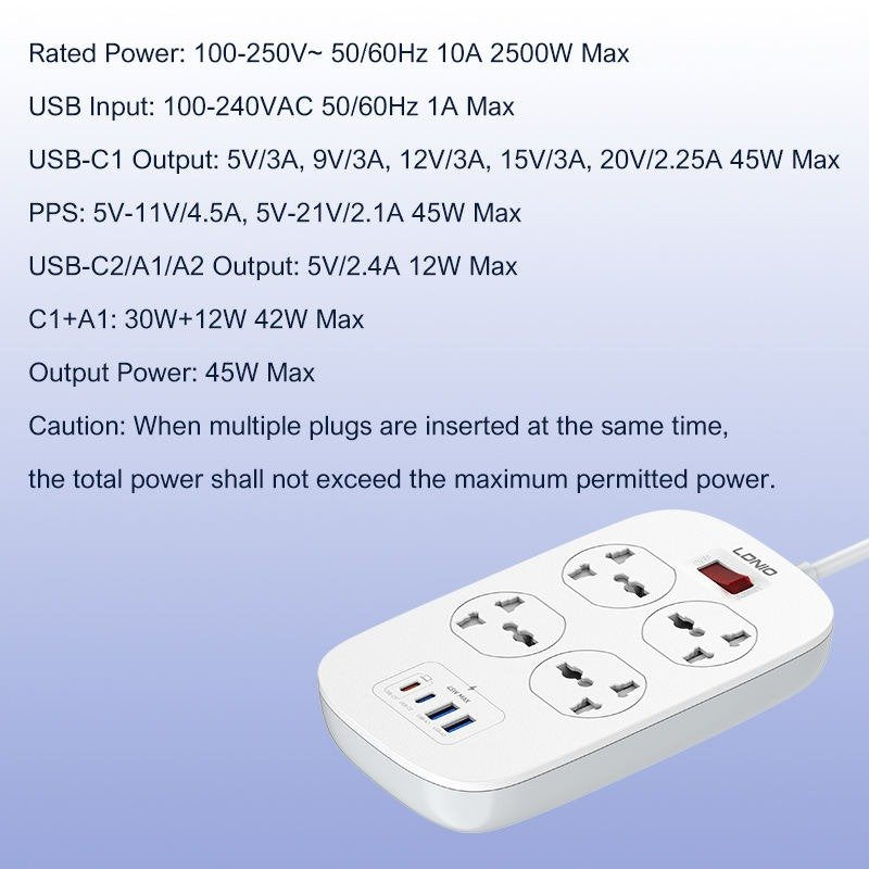 LDNIO SC4407C 45W 4PORT POWER STRIP EU PLUG | LDNIO SC4407C 45W Fast Charging Extension Power Socket with 4 EU AC Outlets, USB-C Power Delivery (PD) & Auto-ID USB Ports