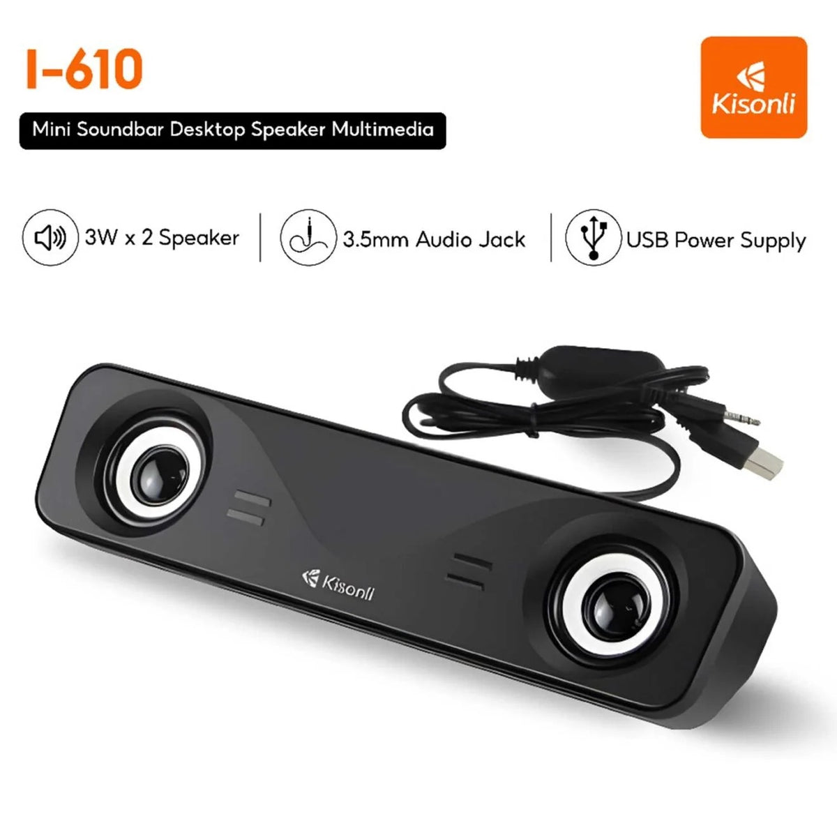 KISONLI I-610 USB HOME THEATER SYSTEM SOUNDBAR SPEAKER | Compact Desktop Soundbar Speaker with Dynamic Stereo Sound, 3.5mm Audio & USB Power