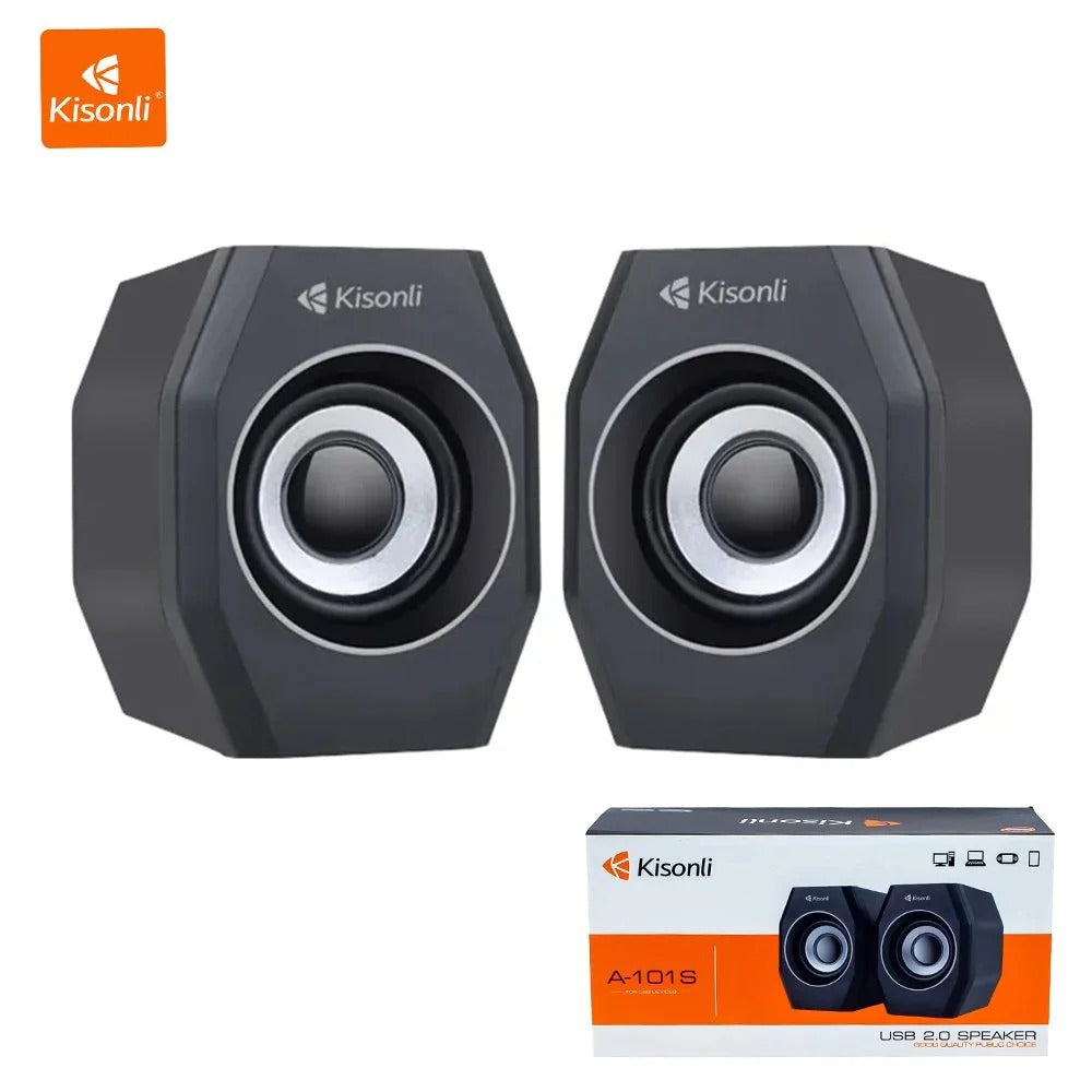 KISONLI MULTIMEDIA USB LOUDSPEAKER A-101S | Kisonli A-101S Compact 2.0 Desktop Multimedia Loudspeakers with 3.5mm AUX Audio Jack, USB 5V Power & Inline Volume Control for PC, Laptop & Mobile