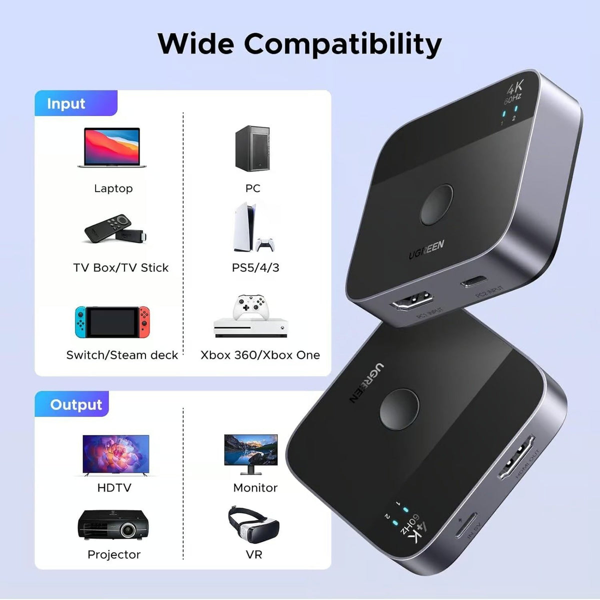 UGREEN 55452 USB-C+HDMI Switch 2 in-1 Out 4K@60Hz Aluminum Switcher for Laptops, MacBook Dual Input Hybrid Video Switch Box