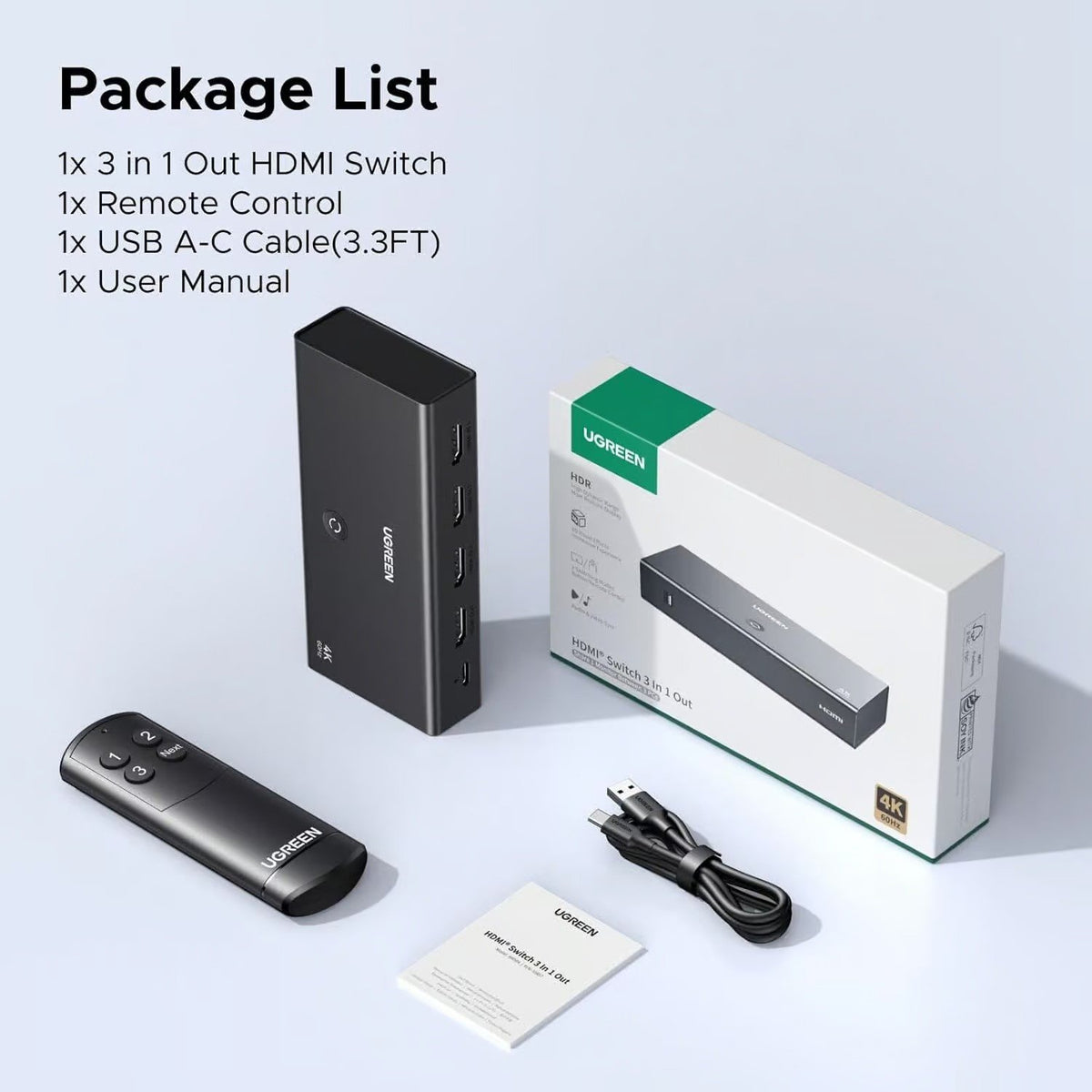 UGREEN HDMI Switch 3 in 1 Out 4K@60Hz with Remote Supports HDR10+ CEC HDCP2.2 High-Speed 18Gbps Video Switcher Box for PS5, Xbox, Switch & TV Stick