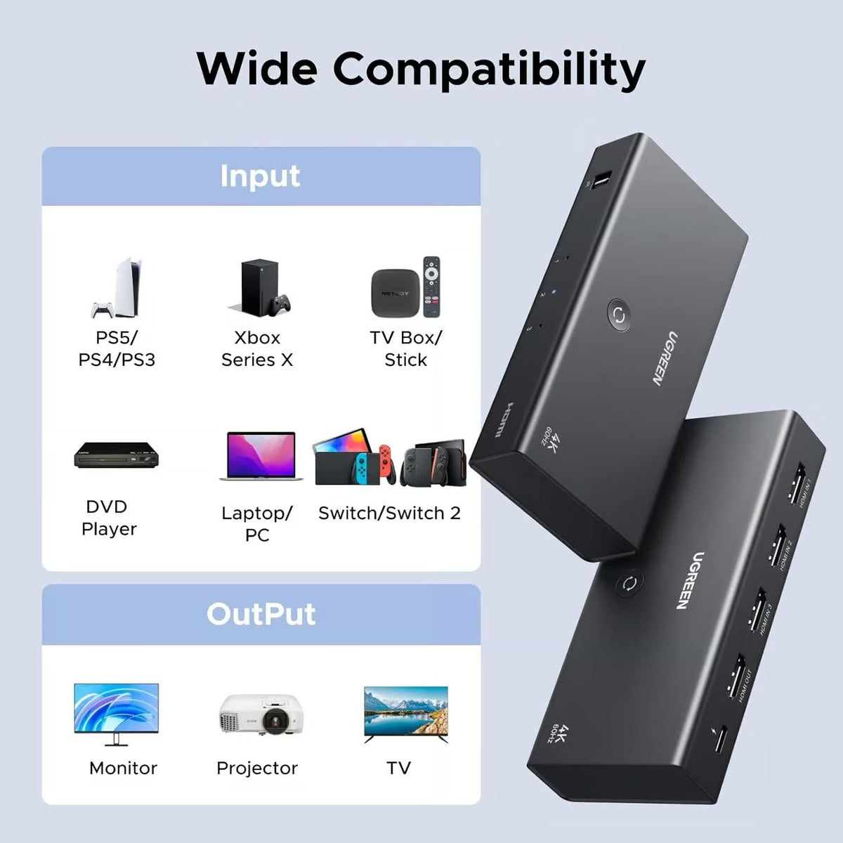 UGREEN HDMI Switch 3 in 1 Out 4K@60Hz with Remote Supports HDR10+ CEC HDCP2.2 High-Speed 18Gbps Video Switcher Box for PS5, Xbox, Switch & TV Stick