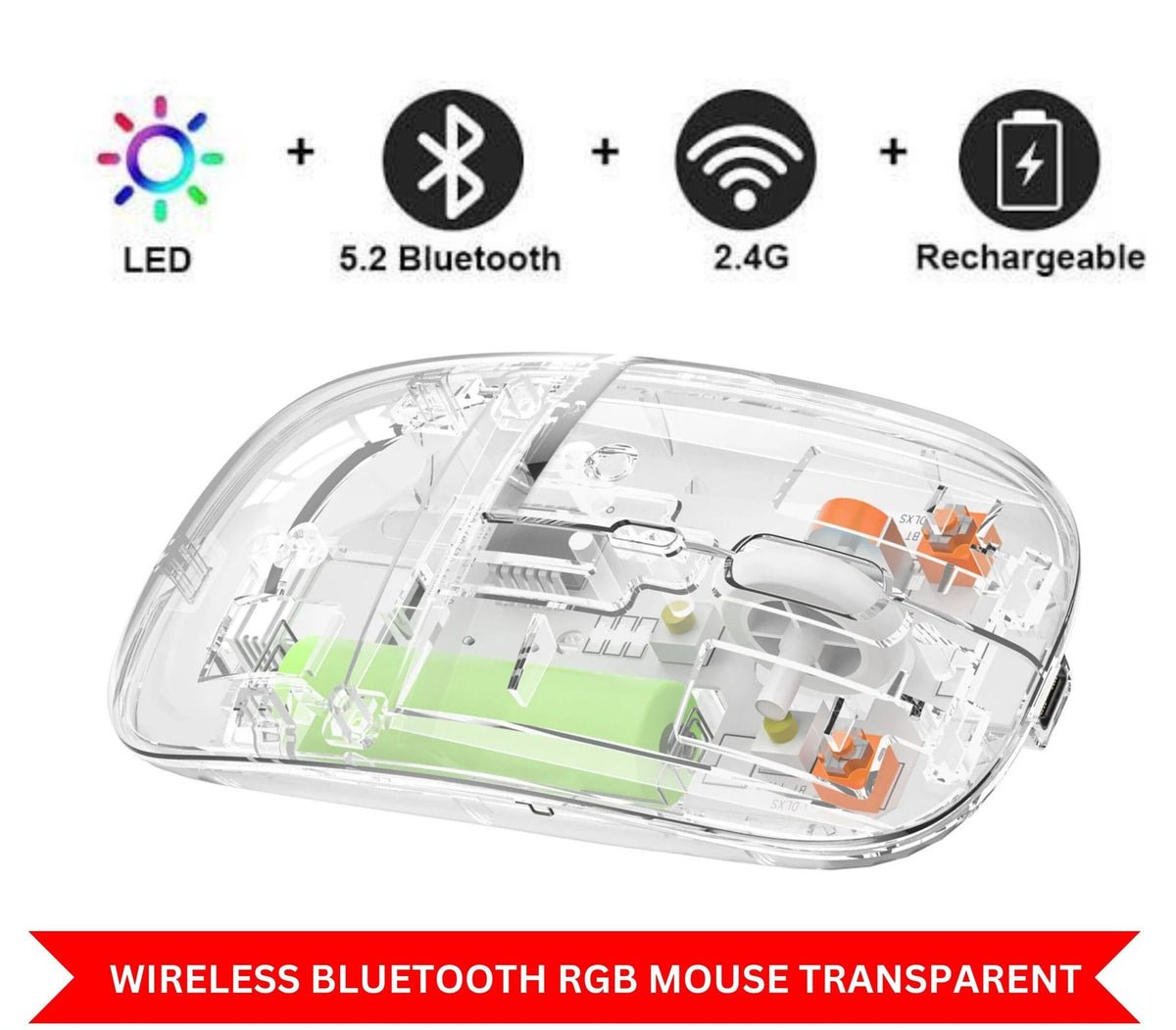 TYPE C TRANSPARENT RECHARGEABLE WIRELESS MOUSE | Ultra-Slim Dual Mode Bluetooth 5.1 & 2.4G Wireless RGB Gaming Mouse wit