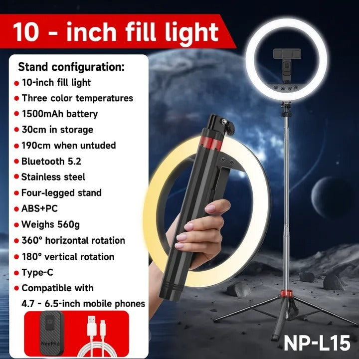 NEEPHO NP L15 PROFESSIONAL RING LIGHT KIT | Neepho NP-L15 Multi-Function LED Ring Light with Extendable Tripod Stand, Detachable Selfie Stick, Smartphone Holder & Wireless Remote Control for Content Creation, Live Streaming & Makeup