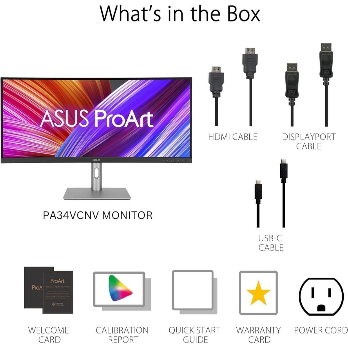 ASUS ProArt Display PA34VCNV 34.1" UWQHD (3440 x 1440) 3800R Curved Professional IPS Monitor with 100% sRGB / 100% Rec. 709, Calman Verified Factory Color Accuracy (ΔE < 2), 96W USB-C Power Delivery, DisplayPort Daisy-Chaining & HDR10