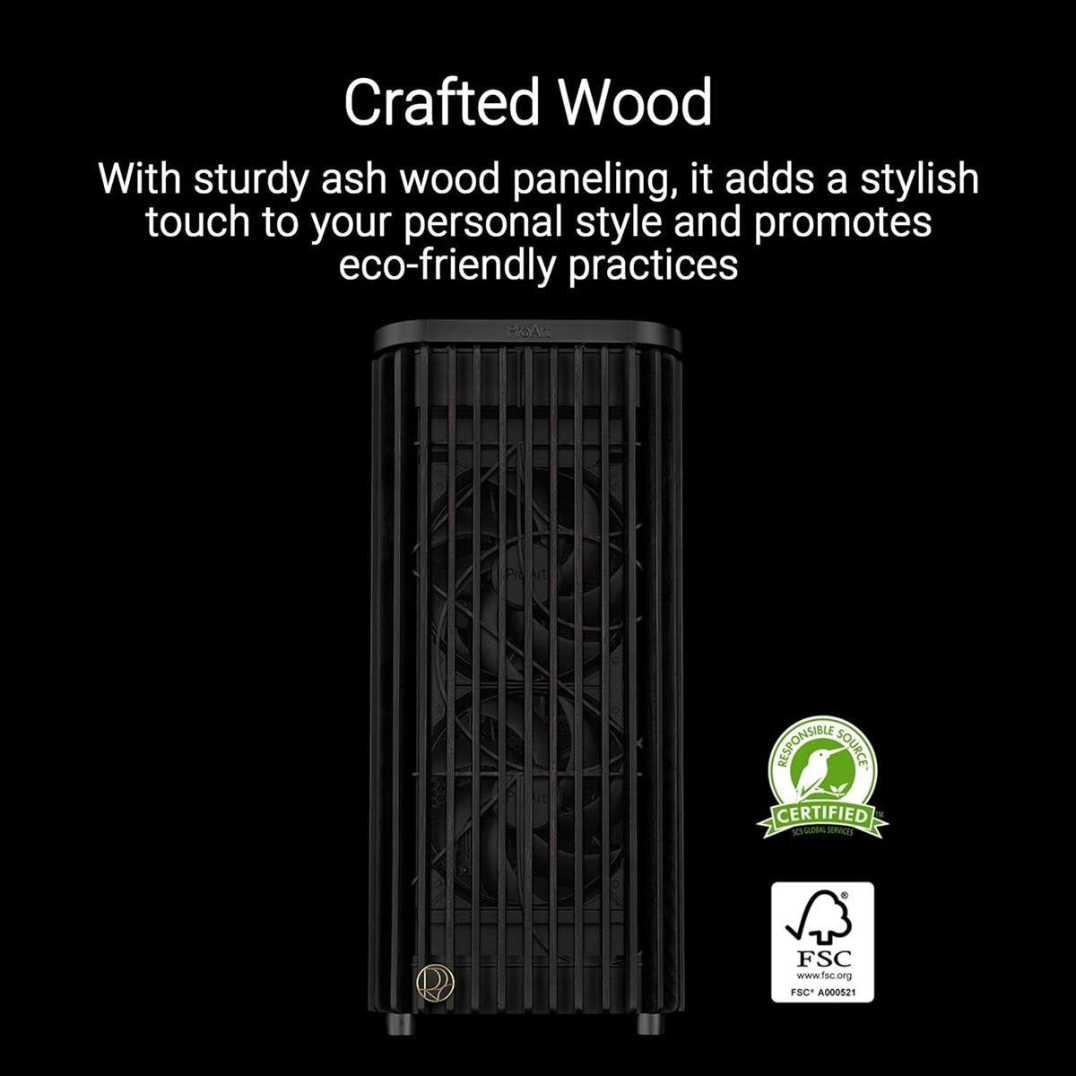 PROART PA602 WOOD TG PWM BLACK Workstation PC Case with Real FSC-Certified Ash Wood Front Panel, Dual Pre-Installed 200mm PWM Fans, Tempered Glass Side Panel & Front USB 20Gbps Type-C
