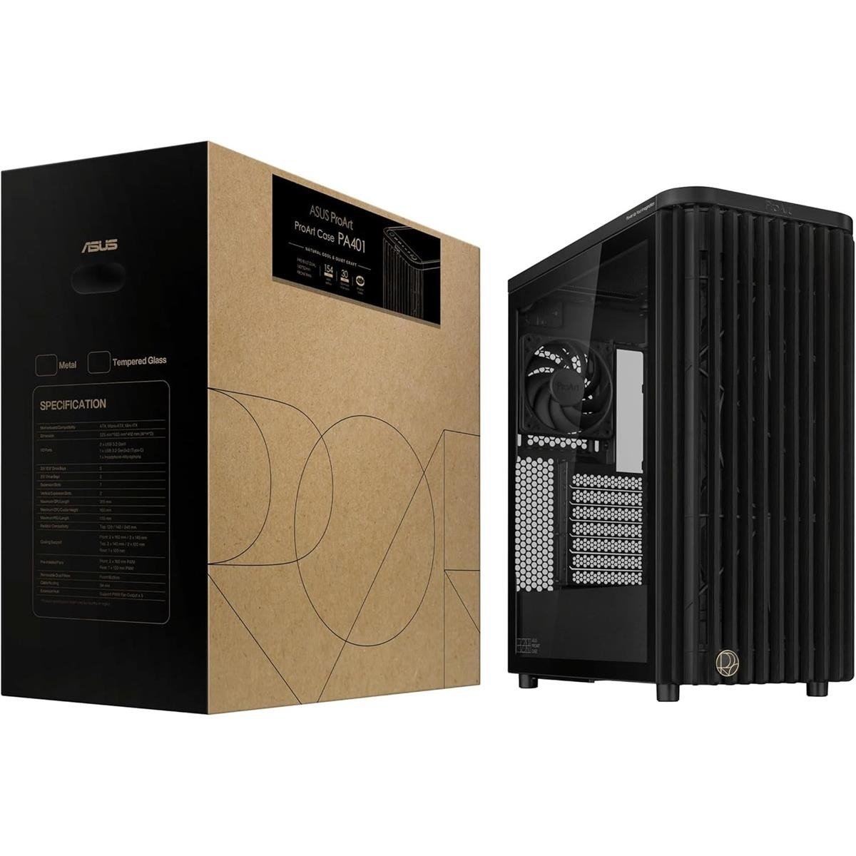 PROART PA602 WOOD TG PWM BLACK Workstation PC Case with Real FSC-Certified Ash Wood Front Panel, Dual Pre-Installed 200mm PWM Fans, Tempered Glass Side Panel & Front USB 20Gbps Type-C