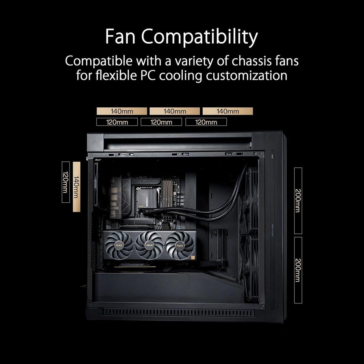 PROART PA602 CASE BLACK Workstation PC Chassis with Open-Grid Front Panel, Dual Pre-Installed 200mm PWM Intake Fans, Integrated GPU Support Bracket, 420mm Radiator Clearance & Front USB 20Gbps Type-C
