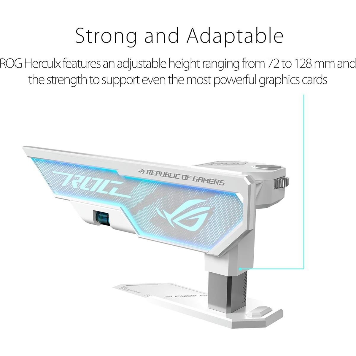 ASUS ROG Herculx Graphics Card Holder XH01 White Edition with Tool-Free Adjustable Height (72-128mm), Built-In Spirit Level, Zinc Alloy Construction, 3-Pin Addressable RGB (ARGB) Aura Sync Lighting & Magnetic Base