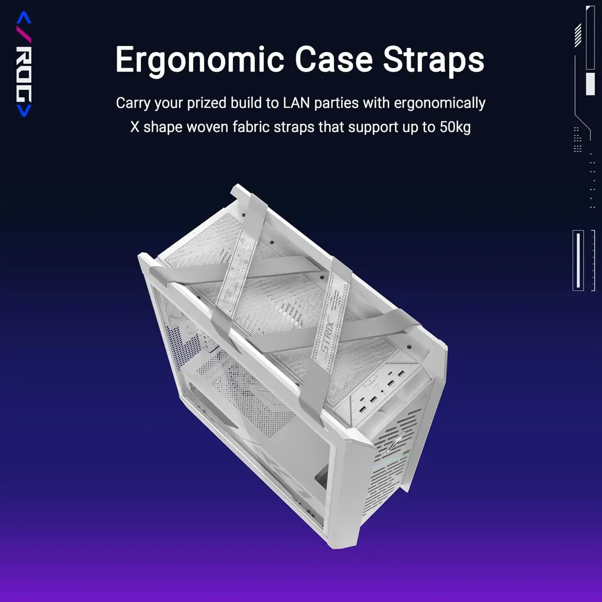 Asus ROG Strix Helios II GX601S High-Airflow Mid-Tower Gaming Computer Case (White Edition) with Tempered Glass Side Panel, BTF Back-Connect Motherboard Support, Dual 420mm Radiator Capacity, Integrated GPU Holder & Woven Fabric Carry Handles
