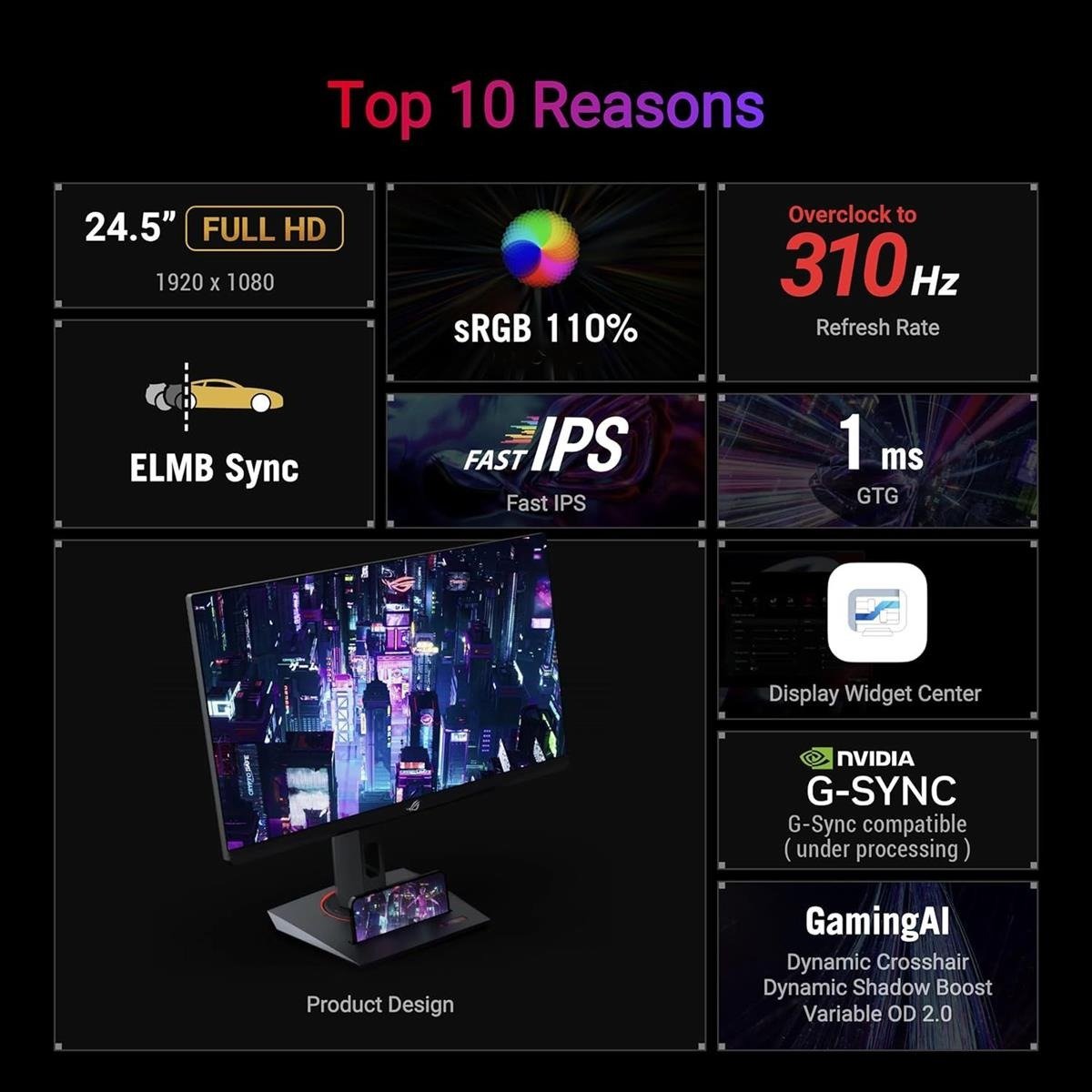 ASUS ROG Strix XG259CMS 24.5" Full HD (1920 x 1080) Fast IPS Esports Gaming Monitor with 310Hz Refresh Rate, 1ms GTG Response Time, ELMB Sync, USB Type-C & Full Ergonomic Stand