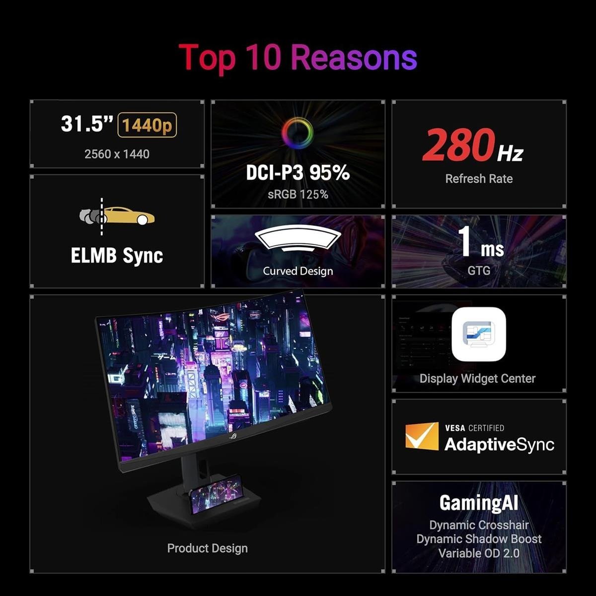 ASUS ROG Strix XG32WCMS 31.5" 2K QHD (2560 x 1440) 1500R Curved Gaming Monitor with 280Hz (Overclocked) Refresh Rate, 1ms GTG Response Time, Extreme Low Motion Blur Sync (ELMB Sync), FreeSync Premium, HDR10, USB-C Power Delivery & Tripod Socket