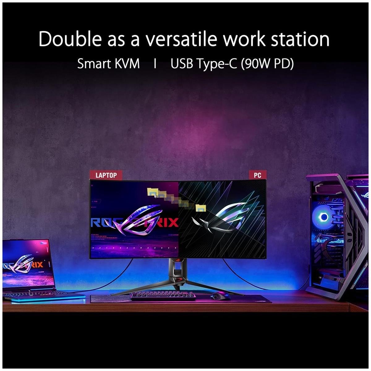 ASUS ROG Swift OLED PG34WCDM 34" UWQHD (3440 x 1440) 800R Curved OLED Gaming Monitor with 240Hz Refresh Rate, 0.03ms GTG Response Time, 90W USB-C Power Delivery, Built-in Smart KVM, ROG Custom Heatsink & VESA DisplayHDR True Black 400