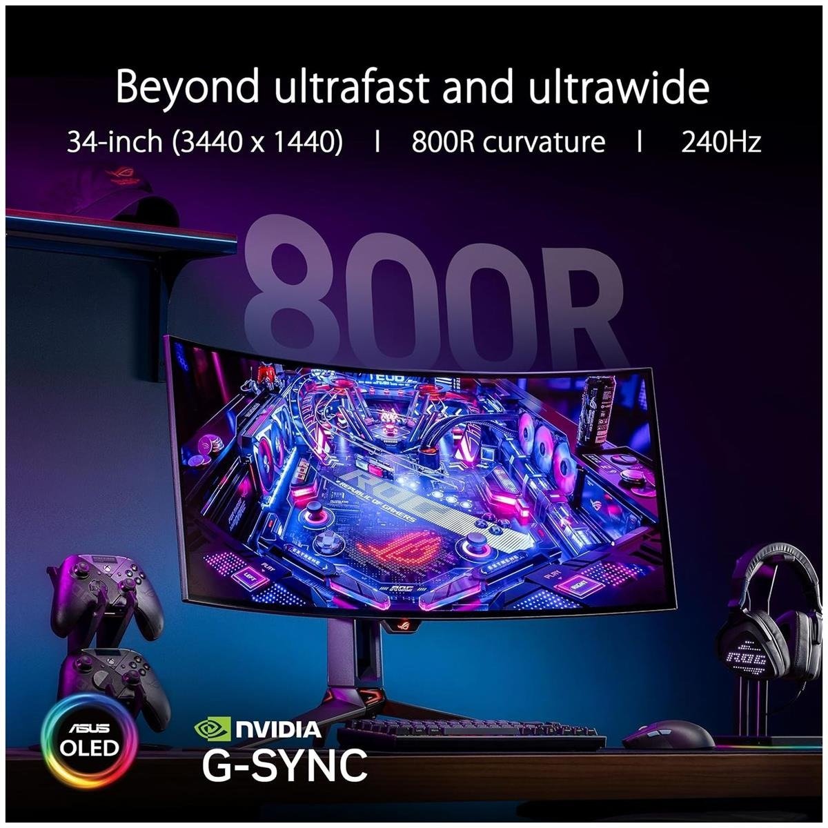 ASUS ROG Swift OLED PG34WCDM 34" UWQHD (3440 x 1440) 800R Curved OLED Gaming Monitor with 240Hz Refresh Rate, 0.03ms GTG Response Time, 90W USB-C Power Delivery, Built-in Smart KVM, ROG Custom Heatsink & VESA DisplayHDR True Black 400