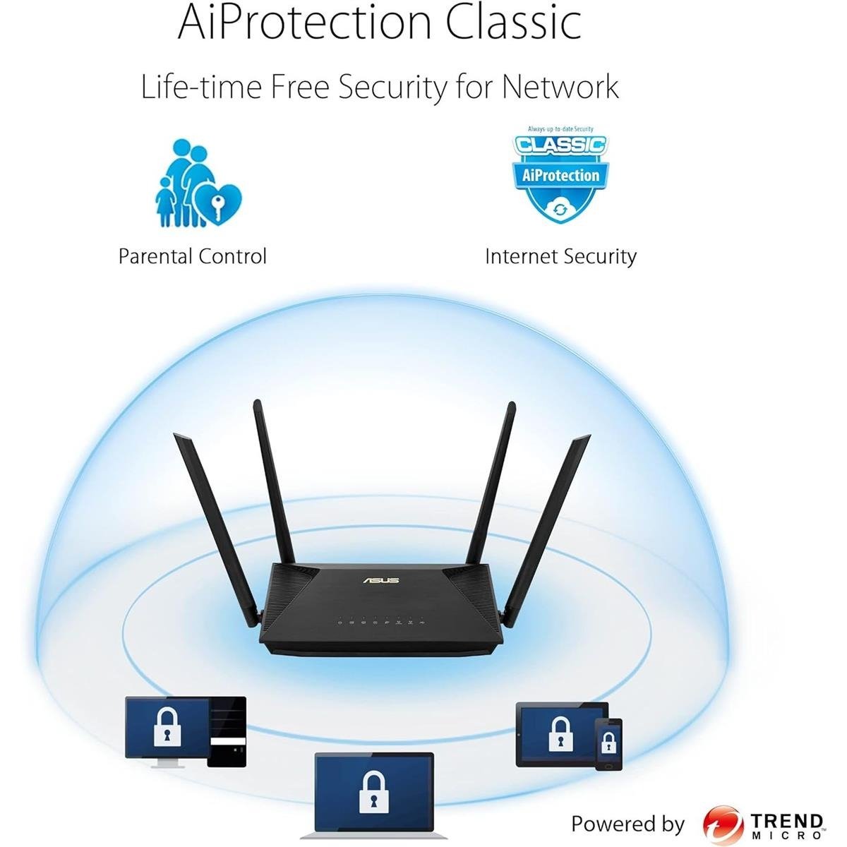 Asus RT-AX52 AX1800 Dual Band WiFi 6 Extendable Router with AiMesh Mesh Support, OFDMA, MU-MIMO, BSS Coloring, Instant Guard VPN & WPA3 Security for Smart Home Wireless Networking