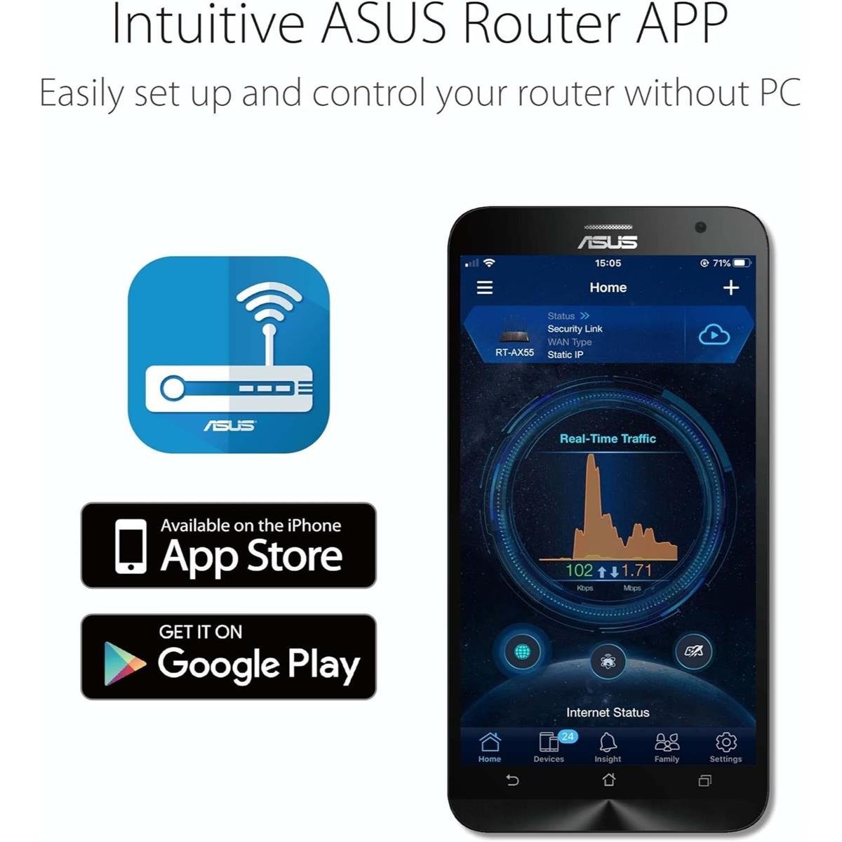 Asus RT-AX52 AX1800 Dual Band WiFi 6 Extendable Router with AiMesh Mesh Support, OFDMA, MU-MIMO, BSS Coloring, Instant Guard VPN & WPA3 Security for Smart Home Wireless Networking