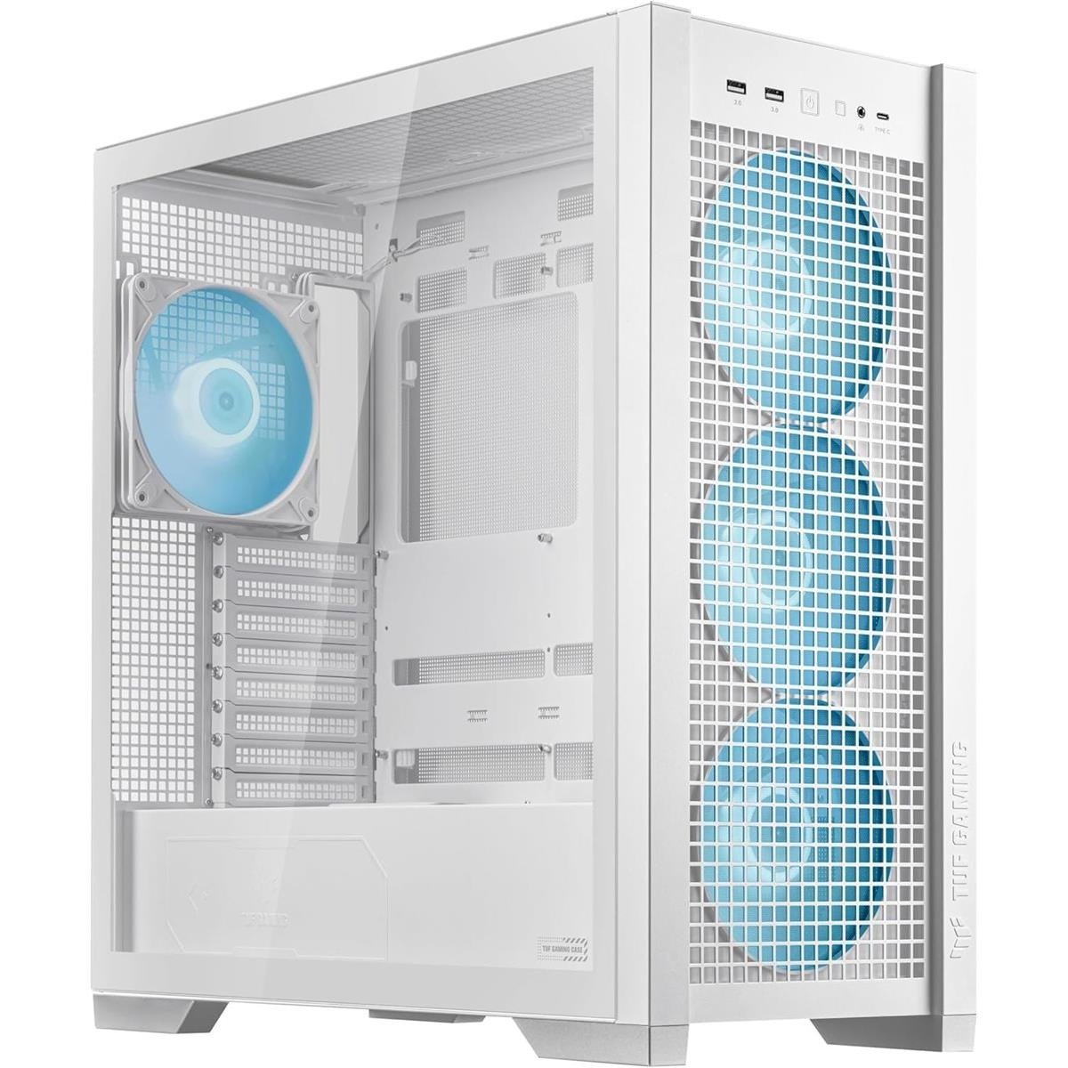 Asus TUF Gaming GT302 ARGB Mid-Tower ATX Computer Case (White / Black) with High-Airflow Mesh Front Panel, 4x Pre-Installed 140mm x 28mm ARGB Fans, Hidden-Connector BTF Motherboard Support & Tool-Free Interchangeable Side Panels