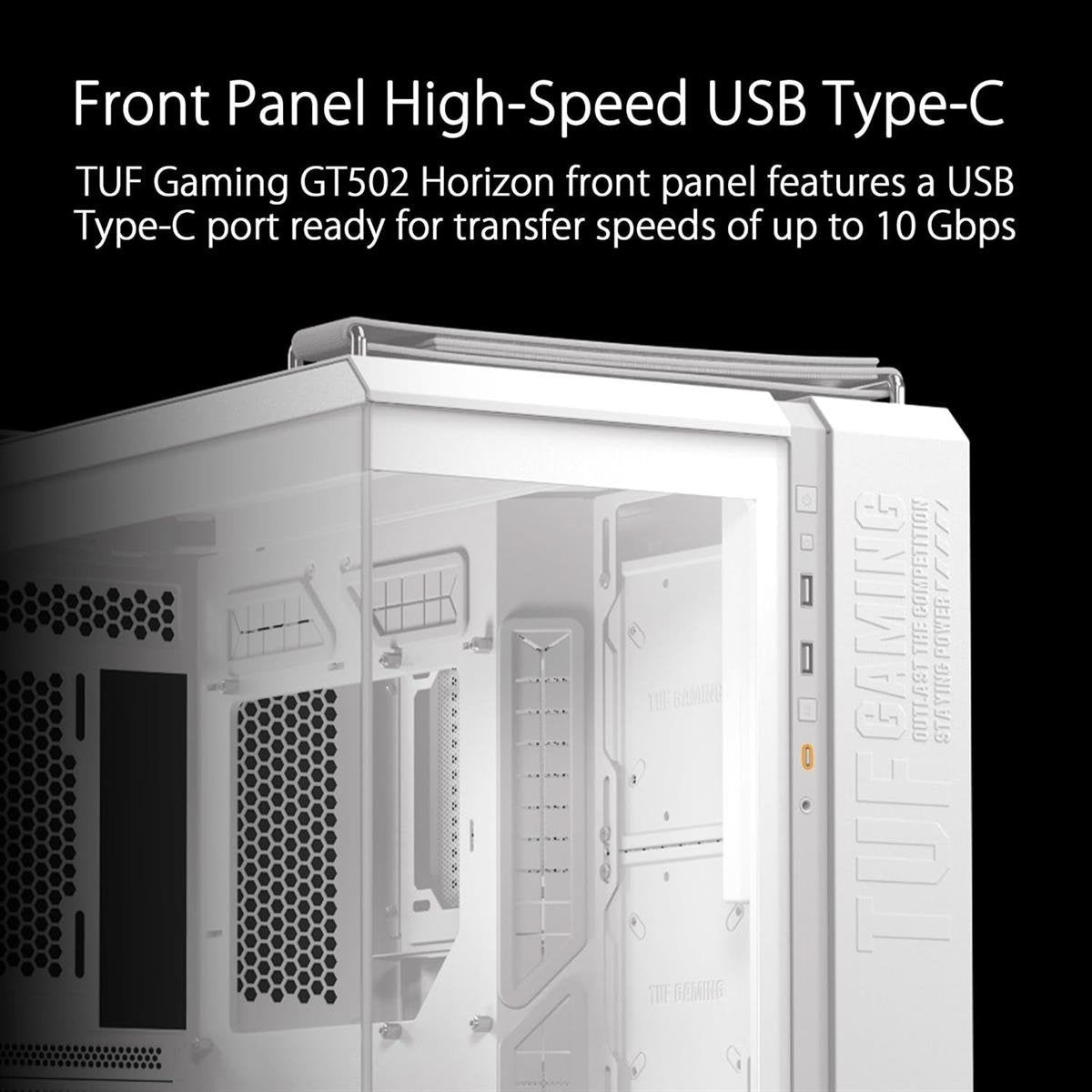 Asus TUF Gaming GT502 Horizon Dual-Chamber ATX Mid-Tower Computer Case (Black / White) with Seamless Pillarless Panoramic Tempered Glass, Multi-Radiator Support, Tool-Free Side Panels & Heavy-Duty Woven Handles