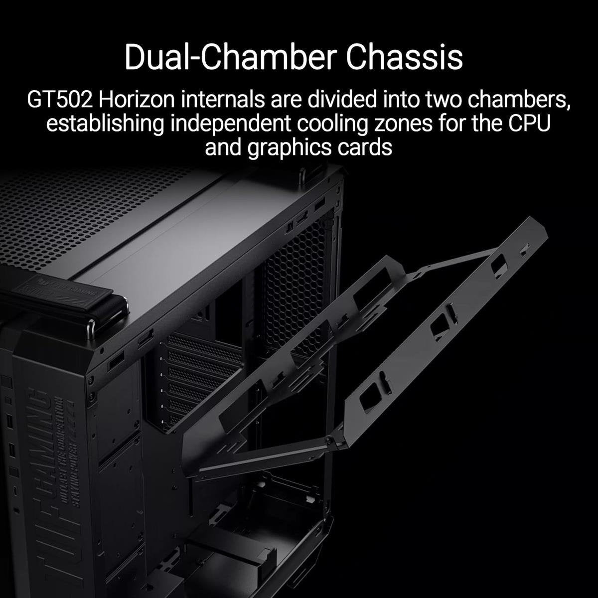 Asus TUF Gaming GT502 Horizon Dual-Chamber ATX Mid-Tower Computer Case (Black / White) with Seamless Pillarless Panoramic Tempered Glass, Multi-Radiator Support, Tool-Free Side Panels & Heavy-Duty Woven Handles