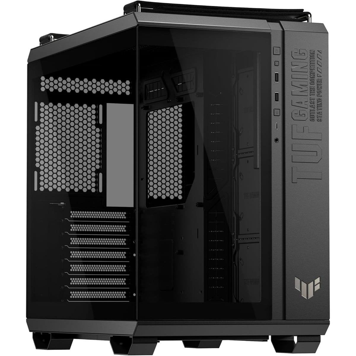Asus TUF Gaming GT502 Horizon Dual-Chamber ATX Mid-Tower Computer Case (Black / White) with Seamless Pillarless Panoramic Tempered Glass, Multi-Radiator Support, Tool-Free Side Panels & Heavy-Duty Woven Handles