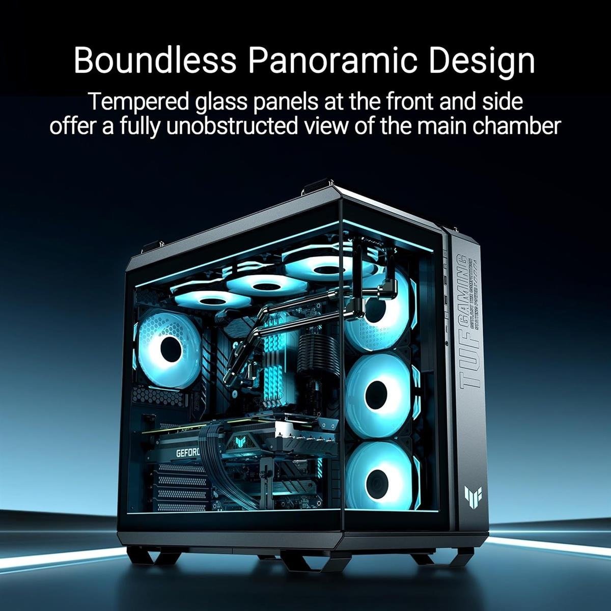 Asus TUF Gaming GT502 Horizon Dual-Chamber ATX Mid-Tower Computer Case (Black / White) with Seamless Pillarless Panoramic Tempered Glass, Multi-Radiator Support, Tool-Free Side Panels & Heavy-Duty Woven Handles