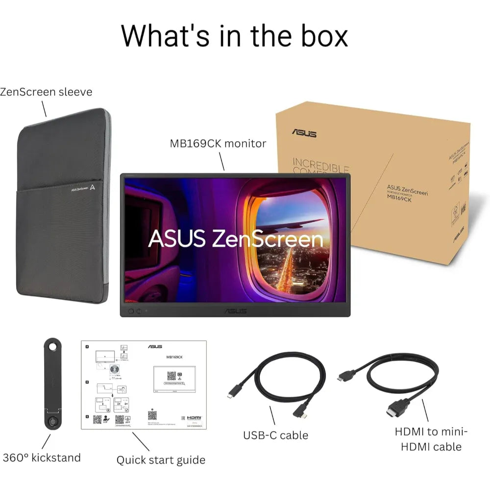 ASUS ZenScreen MB169CK 15.6" Full HD (1920 x 1080) IPS Portable Monitor with USB Type-C Connectivity, 60Hz Refresh Rate, 5ms Response Time, Anti-Glare Surface & Foldable Smart Case
