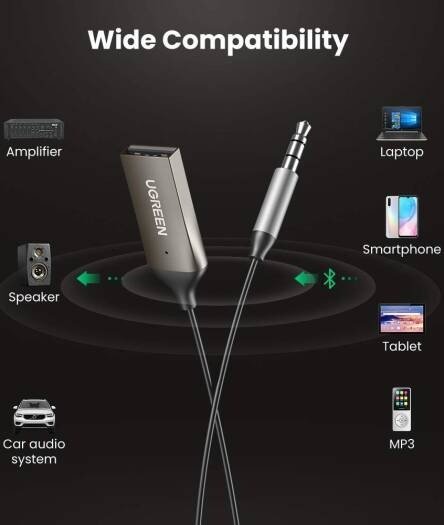 70601 UGREEN USB 2.0 to 3.5mm Bluetooth Adapter Wireless Car Receiver with Built-in Microphone & Coiled Cable
