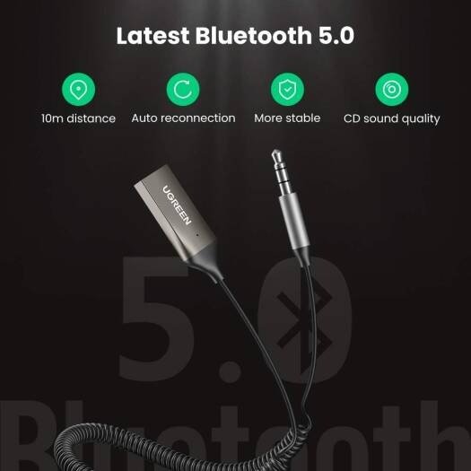 70601 UGREEN USB 2.0 to 3.5mm Bluetooth Adapter Wireless Car Receiver with Built-in Microphone & Coiled Cable
