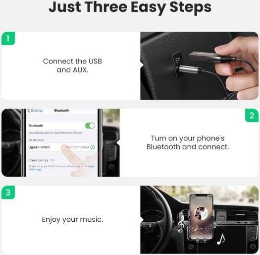 70601 UGREEN USB 2.0 to 3.5mm Bluetooth Adapter Wireless Car Receiver with Built-in Microphone & Coiled Cable