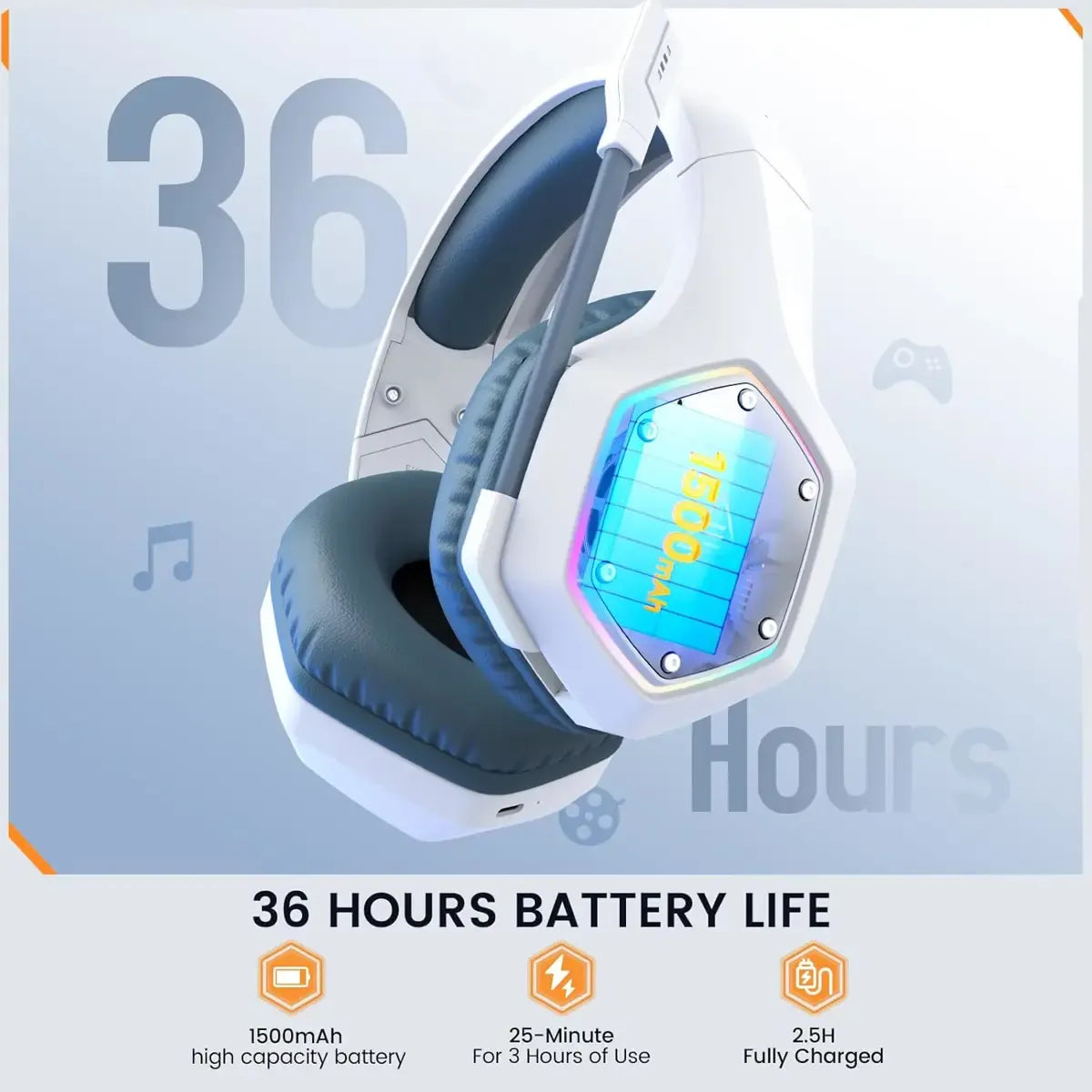 EKSA E1000 WT 2.4GHZ WIRELESS GAMING HEADSET | EKSA E1000 WT White Ergonomic Wireless Gaming Headphones with 7.1 Surround Sound, ENC Noise Canceling Microphone, Ultra-Low Latency & 36-Hour Battery Life for PC, PS4, PS5, Laptop & Xbox
