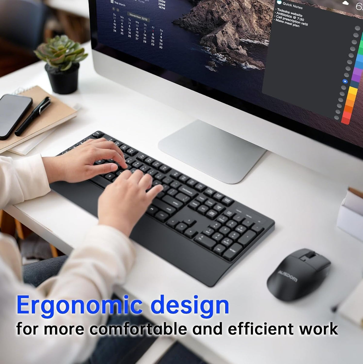 AUSDOM Wireless Keyboard and Mouse Combo, 2.4Ghz Ergonomic Silent Keyboard Mouse, Full-Sized Cordless Membrane Keyboard with Palm Rest for Windows, Mac, PC, Laptop, Adjustable DPI Mouse, USB Receiver