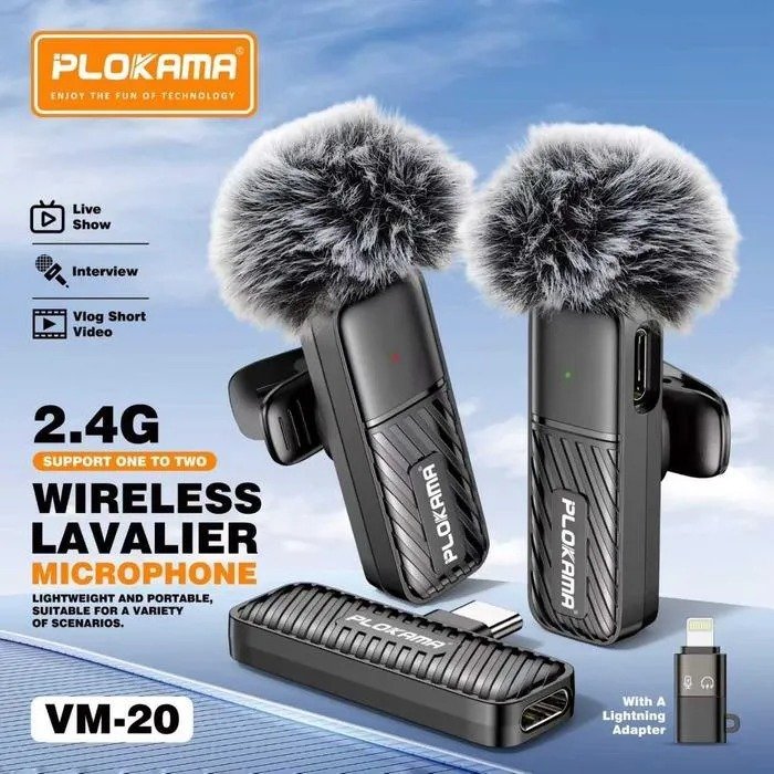 Plokama VM-20 2.4G Wireless Lavalier Microphone – Plug-and-Play Dual Clip-On Lapel Mic Set with Intelligent Noise Reduct