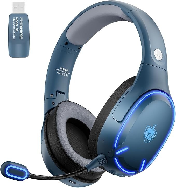 PHOINIKAS Q6 Wireless Gaming Headset – Dual Mode (Bluetooth 5.3 & 2.4GHz USB Dongle) Over-Ear Headphones with Noise-Canc