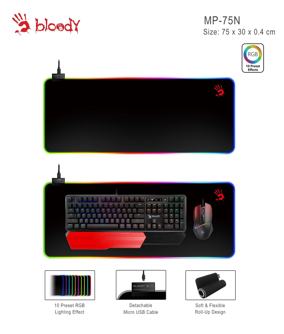 BLOODY MP-75N MOUSE PAD | Lighting Gaming Mousepad 75*30*4 mm