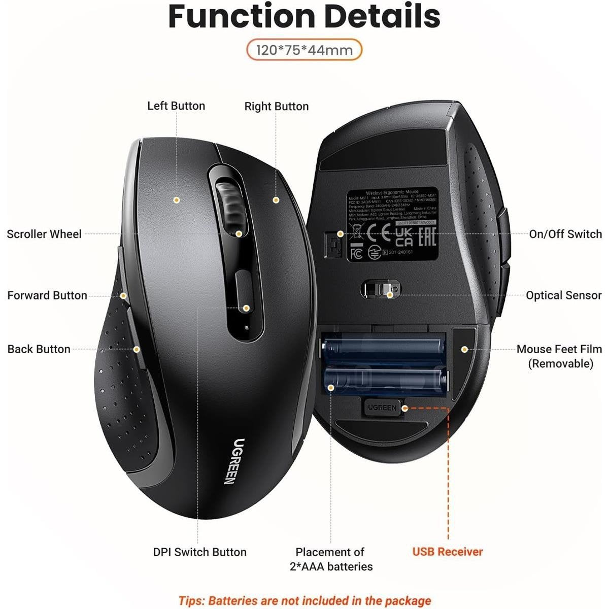 UGREEN Ergonomic Contoured-Shape Design Wireless Mouse 2.4 GHz（AAA alkaline battery not included)